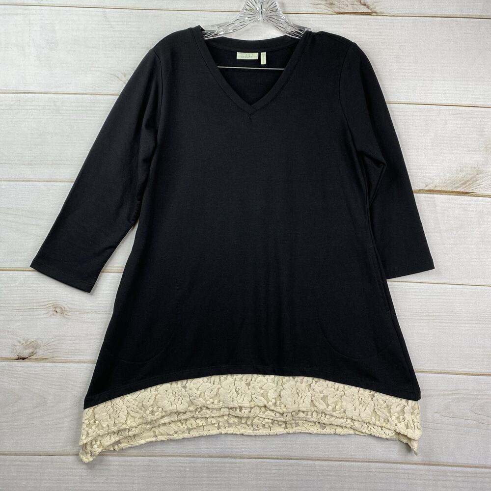 LOGO LOUNGE Lori Goldstein Tunic Top Sz XS Black Cream Lace Trim 3/4 Sleeve